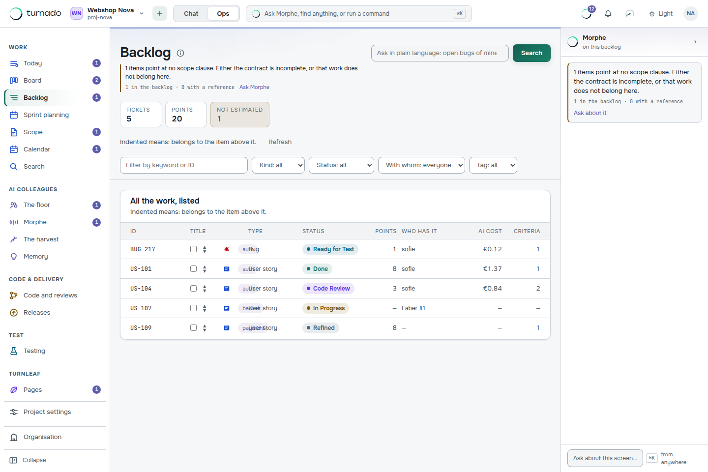 The backlog as a list: four work items with status, points, owner, AI cost and number of criteria.