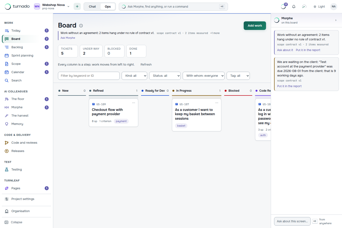 The board of project Webshop Nova, with columns from New through Code Review to Ready for Test.