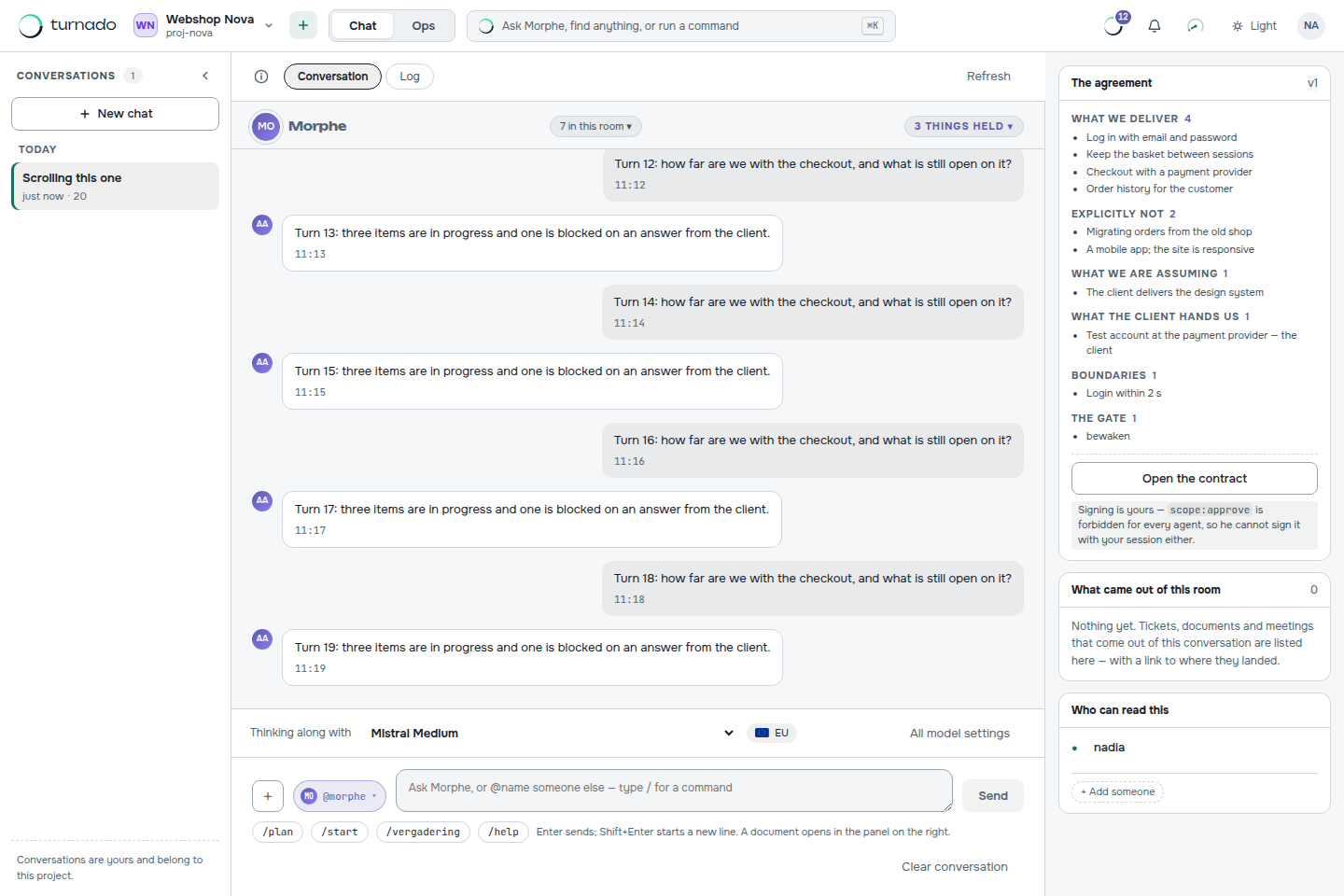 The chat of project Webshop Nova, with the tickets from this conversation beside it and the model bar underneath.