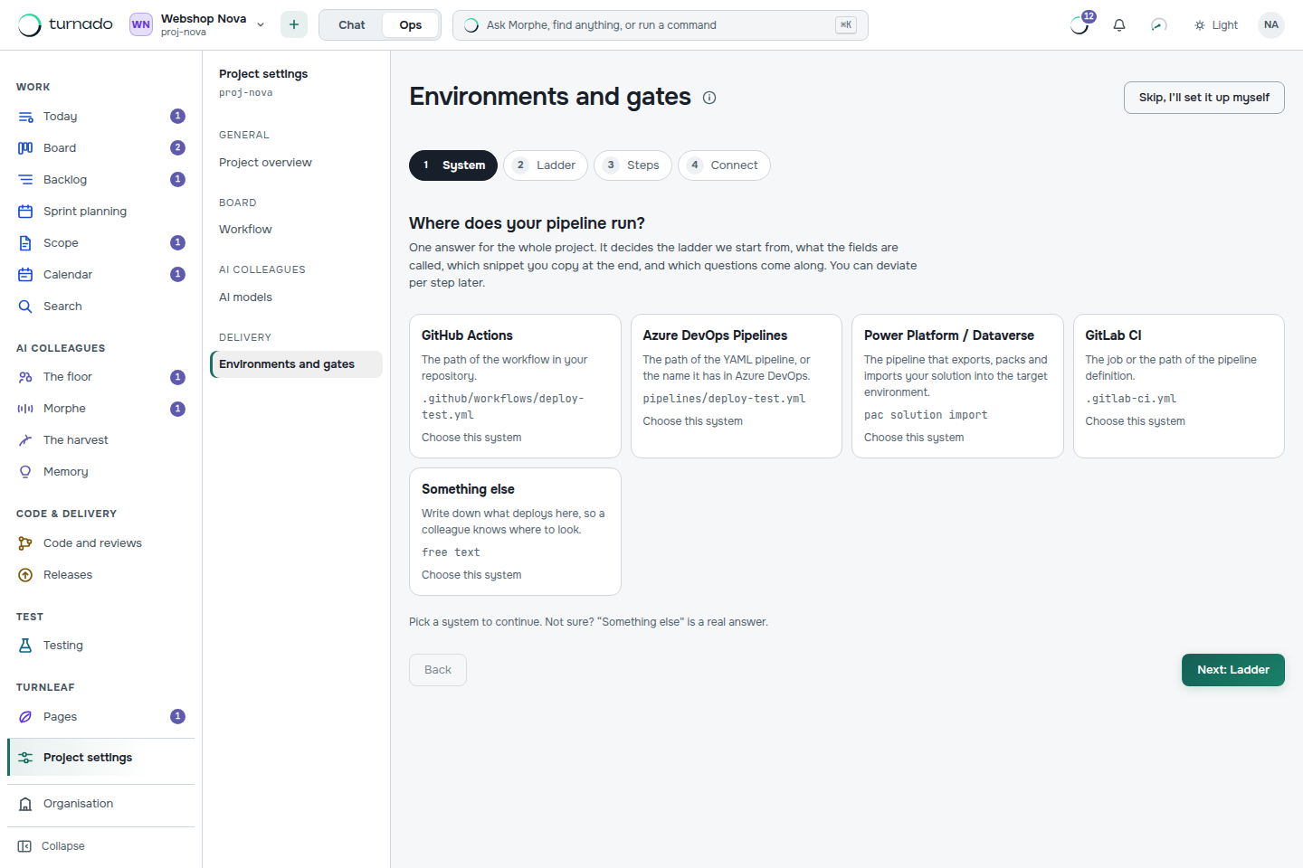 The delivery wizard, step one: where your pipeline runs, with the file path each system expects.