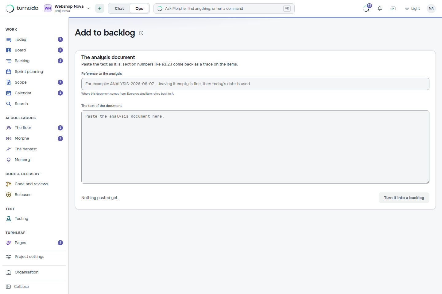 The intake: one paste area for the analysis document, a field for the source reference, and one button.