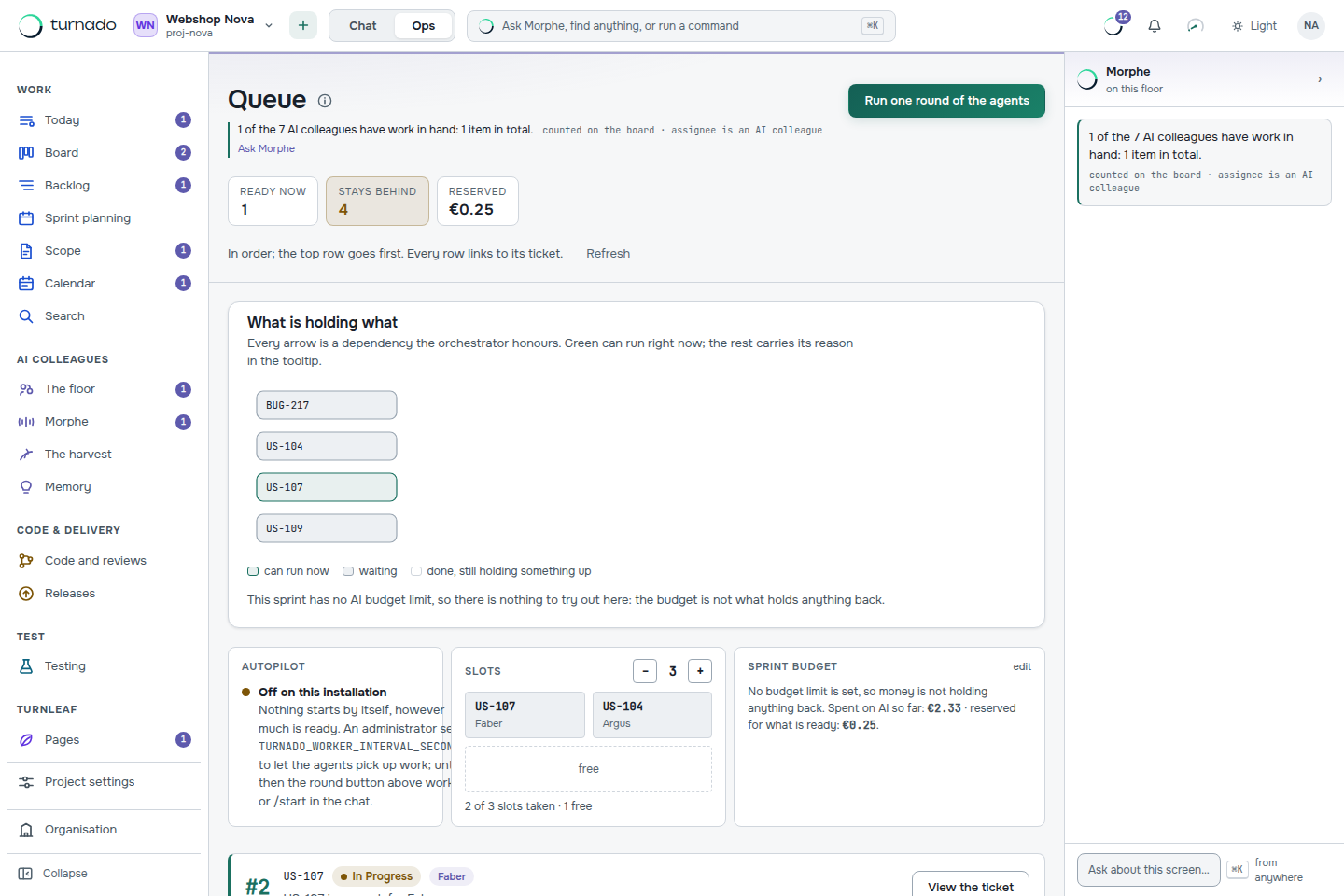 The queue: what can be picked up now, the slots taken by AI colleagues, and what stays behind by cause.